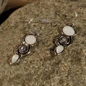 Antique Silver Opalescent Cabochons Crystal Abstract Dangle Earrings